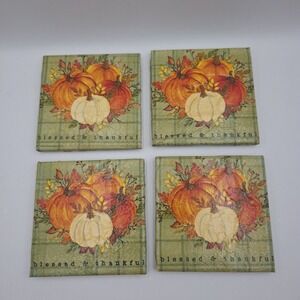 Blessed & Thankful Fall Pumpkin‎ Coaster Set of 4 Thanksgiving Autumn Harvest